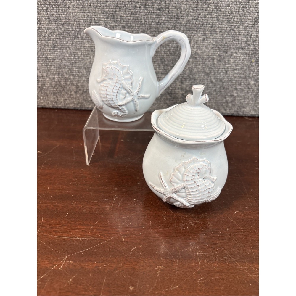 Blue Sky~Clayworks Seahorse~Sugar and Creamer Set w/Spoon